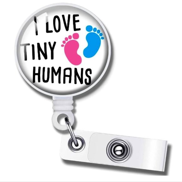 I Love Tiny Humans Badge Reel - Footprint Badge - Teacher Nurse Parent Gift - Picture 1 of 1